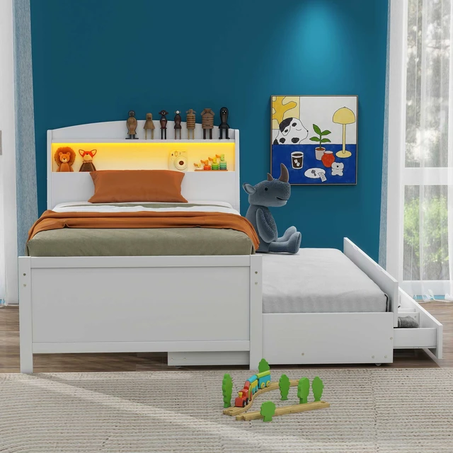 Alt view image 2 of 7 - Twin Size Platform Bed with Storage LED Headboard, Twin Size Trundle and 3 Drawers, White