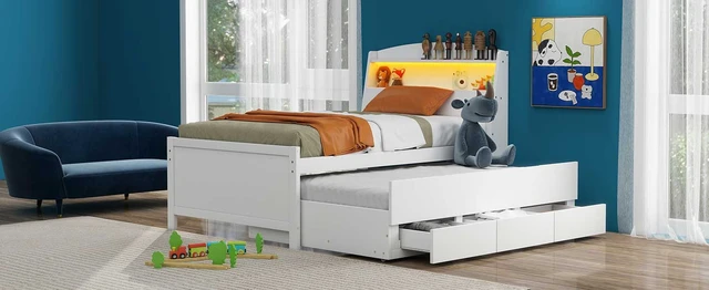 Alt view image 6 of 7 - Twin Size Platform Bed with Storage LED Headboard, Twin Size Trundle and 3 Drawers, White