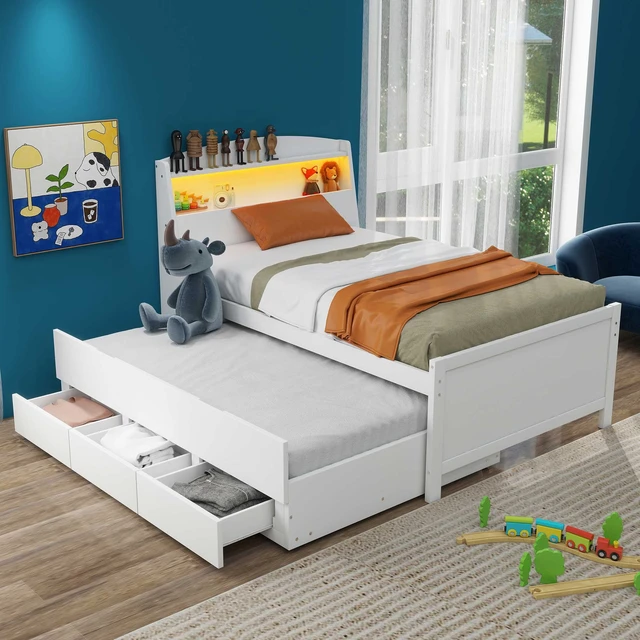 Alt view image 4 of 7 - Twin Size Platform Bed with Storage LED Headboard, Twin Size Trundle and 3 Drawers, White