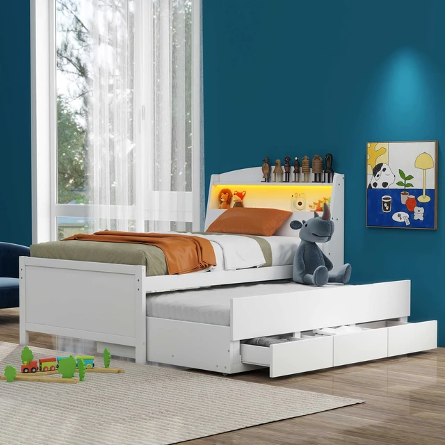 Alt view image 3 of 7 - Twin Size Platform Bed with Storage LED Headboard, Twin Size Trundle and 3 Drawers, White
