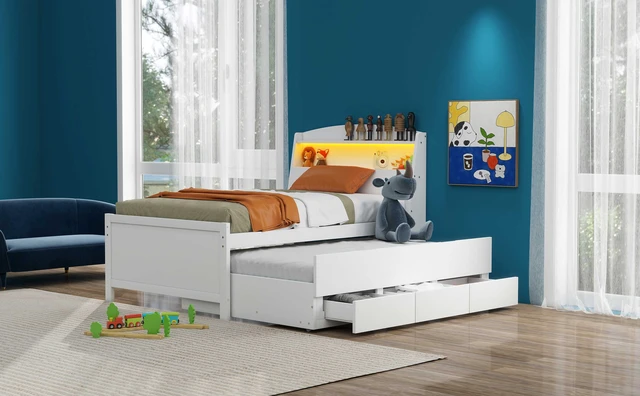 Alt view image 5 of 7 - Twin Size Platform Bed with Storage LED Headboard, Twin Size Trundle and 3 Drawers, White