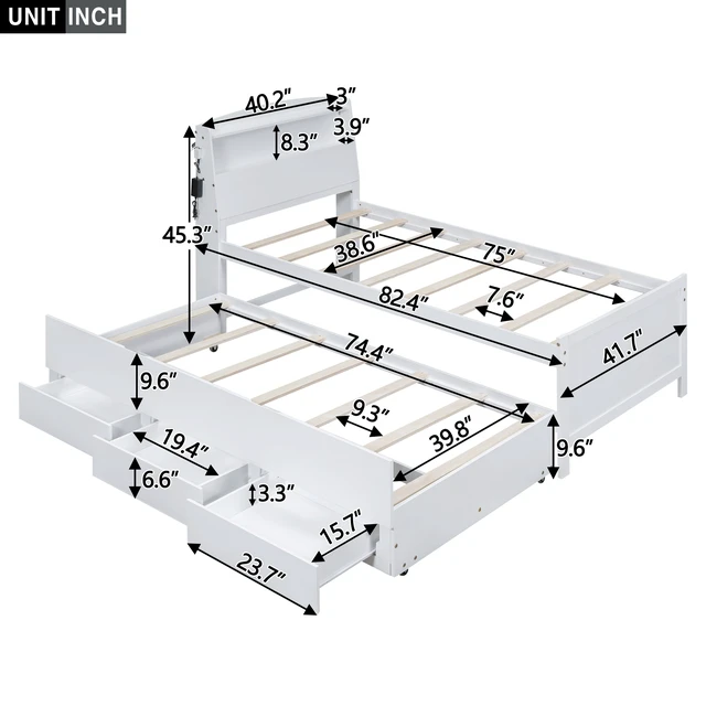 Alt view image 7 of 7 - Twin Size Platform Bed with Storage LED Headboard, Twin Size Trundle and 3 Drawers, White