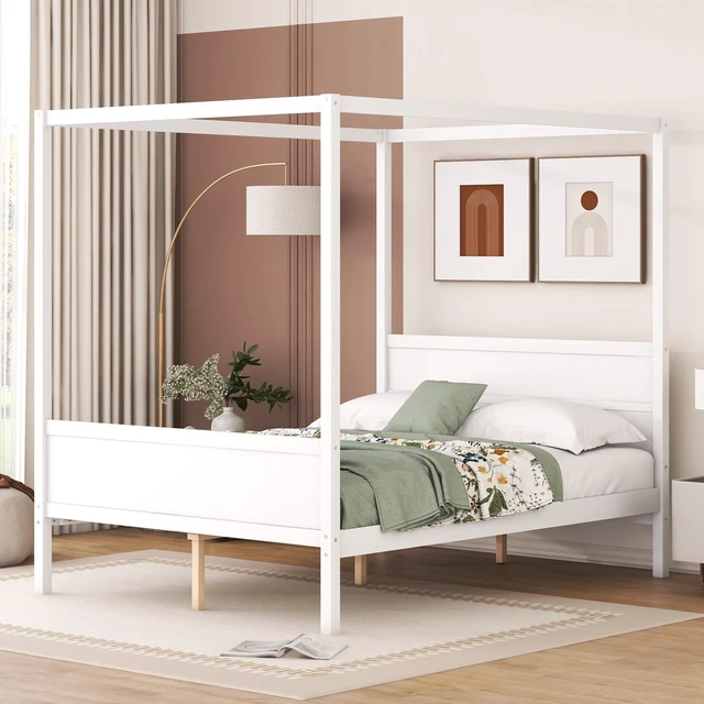 Main image of Queen Size Canopy Platform Bed with Headboard and Footboard,Slat Support Leg - White