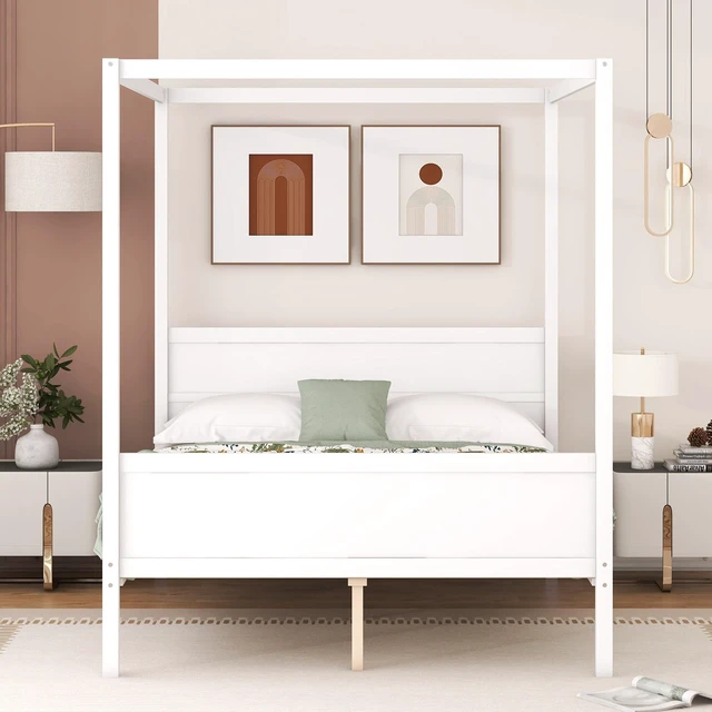Alt view image 2 of 7 - Queen Size Canopy Platform Bed with Headboard and Footboard,Slat Support Leg - White