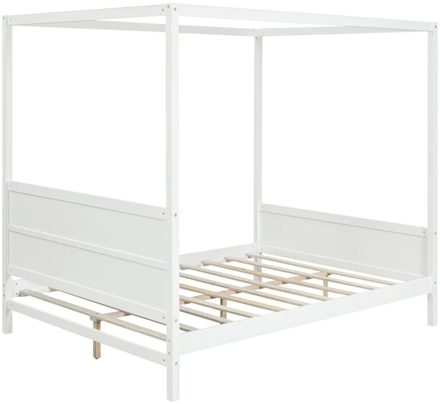 Alt view image 5 of 7 - Queen Size Canopy Platform Bed with Headboard and Footboard,Slat Support Leg - White