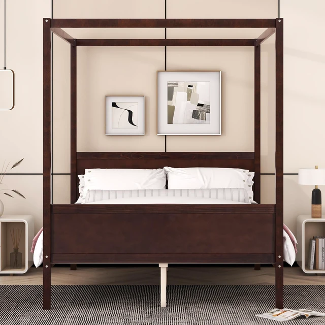 Alt view image 2 of 7 - Queen Size Canopy Platform Bed with Headboard and Footboard,Slat Support Leg - Espresso