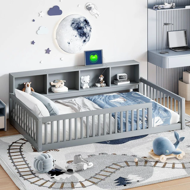 Main image of Wood Twin XL Size Floor Bed with Storage Cabinets and USB Ports, Gray