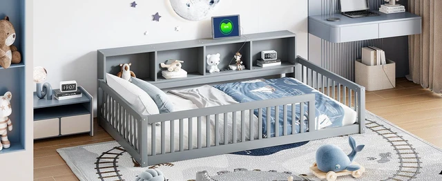 Alt view image 6 of 7 - Wood Twin XL Size Floor Bed with Storage Cabinets and USB Ports, Gray