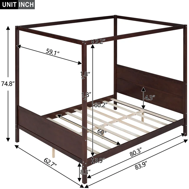 Alt view image 7 of 7 - Queen Size Canopy Platform Bed with Headboard and Footboard,Slat Support Leg - Espresso