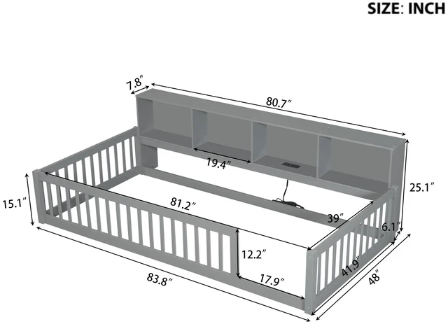 Alt view image 4 of 7 - Wood Twin XL Size Floor Bed with Storage Cabinets and USB Ports, Gray