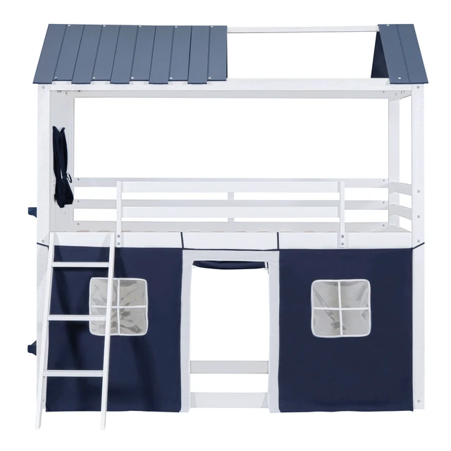 Alt view image 3 of 7 - Twin Size Bunk Wood House Bed with Elegant Windows, Sills and Tent, Blue+White