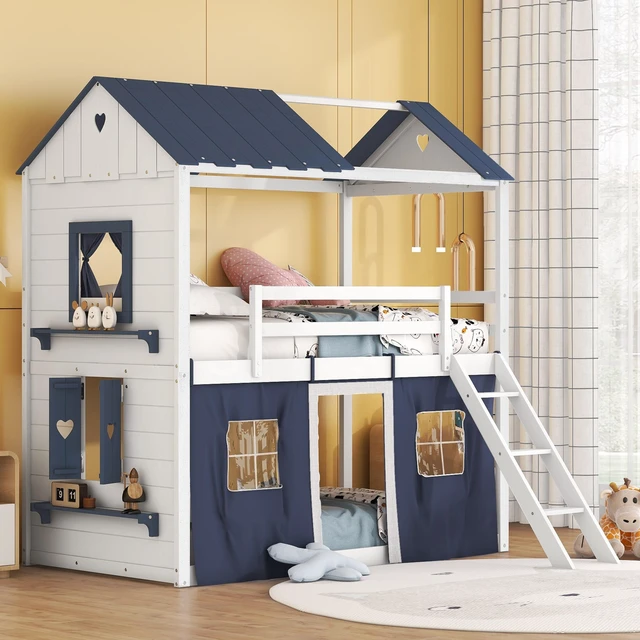 Main image of Twin Size Bunk Wood House Bed with Elegant Windows, Sills and Tent, Blue+White