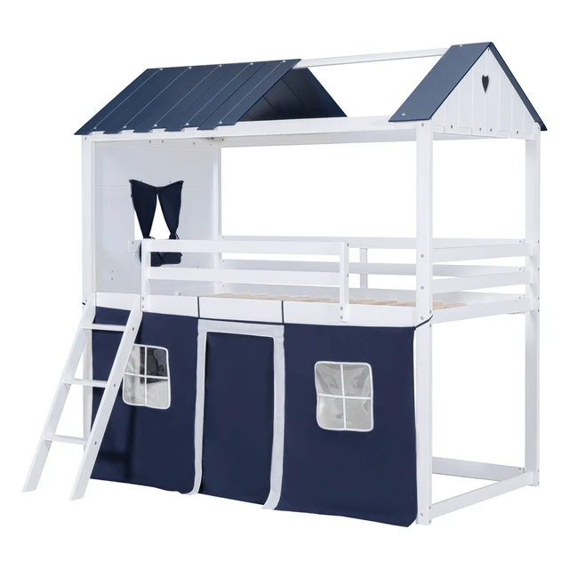 Alt view image 6 of 7 - Twin Size Bunk Wood House Bed with Elegant Windows, Sills and Tent, Blue+White