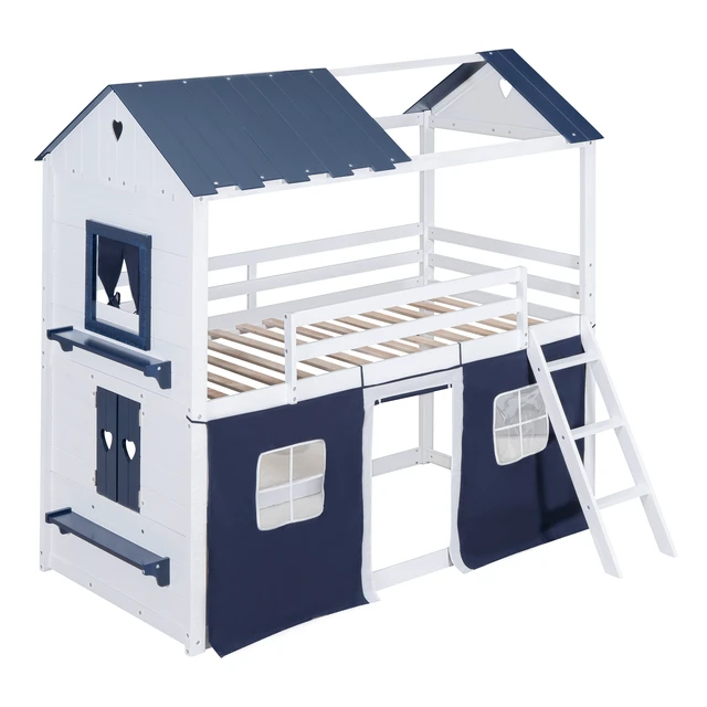 Alt view image 7 of 7 - Twin Size Bunk Wood House Bed with Elegant Windows, Sills and Tent, Blue+White