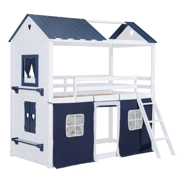 Alt view image 4 of 7 - Twin Size Bunk Wood House Bed with Elegant Windows, Sills and Tent, Blue+White