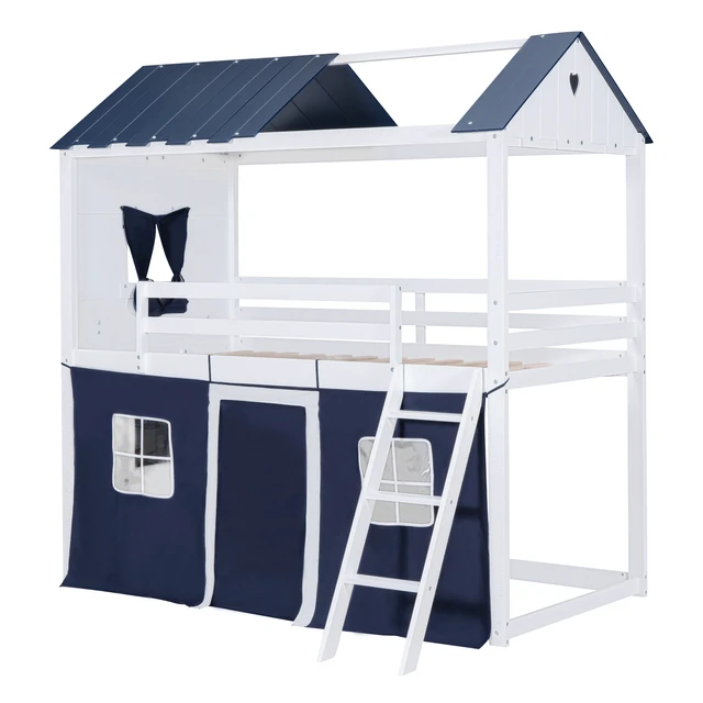 Alt view image 5 of 7 - Twin Size Bunk Wood House Bed with Elegant Windows, Sills and Tent, Blue+White