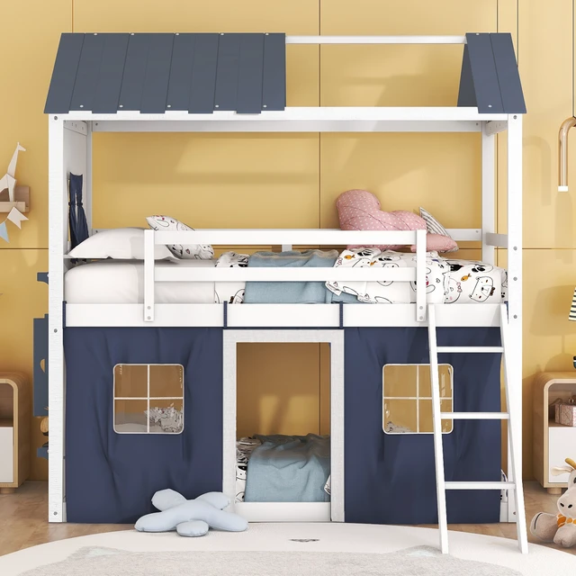 Alt view image 2 of 7 - Twin Size Bunk Wood House Bed with Elegant Windows, Sills and Tent, Blue+White