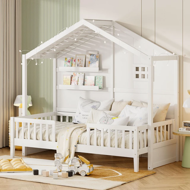 Main image of Twin Size House Bed with Shelves, House Bed with Window and Sparkling Light Strip on the Roof, White