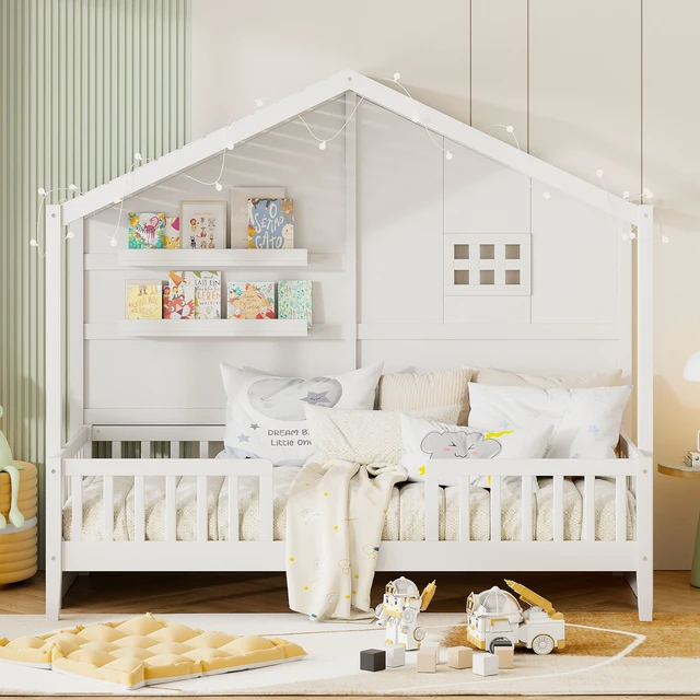 Alt view image 2 of 7 - Twin Size House Bed with Shelves, House Bed with Window and Sparkling Light Strip on the Roof, White