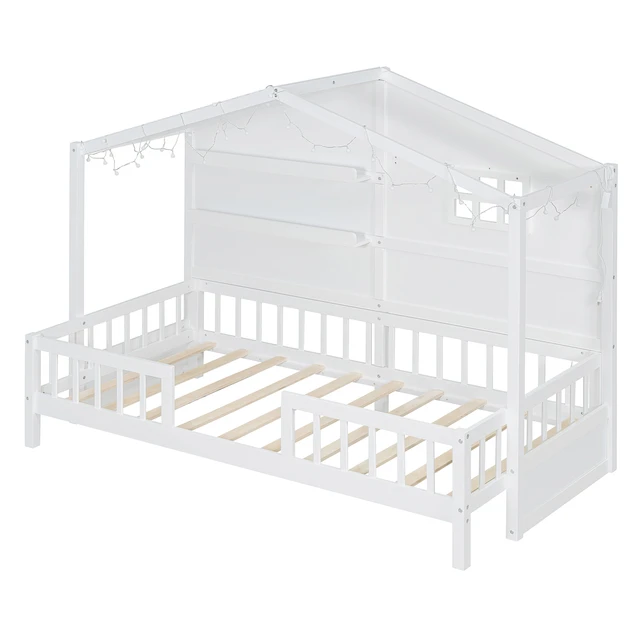 Alt view image 5 of 7 - Twin Size House Bed with Shelves, House Bed with Window and Sparkling Light Strip on the Roof, White