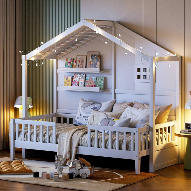 Alt view image 3 of 7 - Twin Size House Bed with Shelves, House Bed with Window and Sparkling Light Strip on the Roof, White