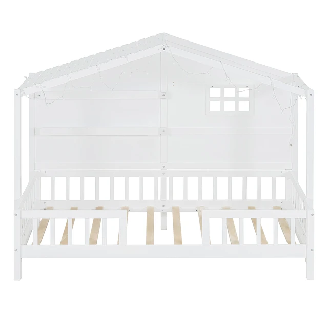 Alt view image 6 of 7 - Twin Size House Bed with Shelves, House Bed with Window and Sparkling Light Strip on the Roof, White