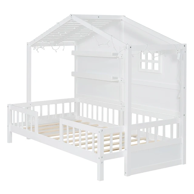 Alt view image 4 of 7 - Twin Size House Bed with Shelves, House Bed with Window and Sparkling Light Strip on the Roof, White