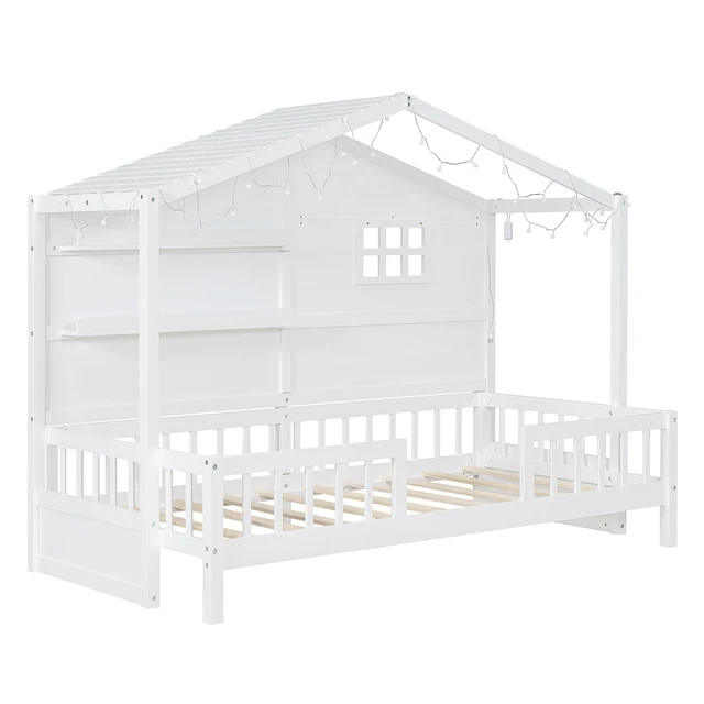 Alt view image 7 of 7 - Twin Size House Bed with Shelves, House Bed with Window and Sparkling Light Strip on the Roof, White