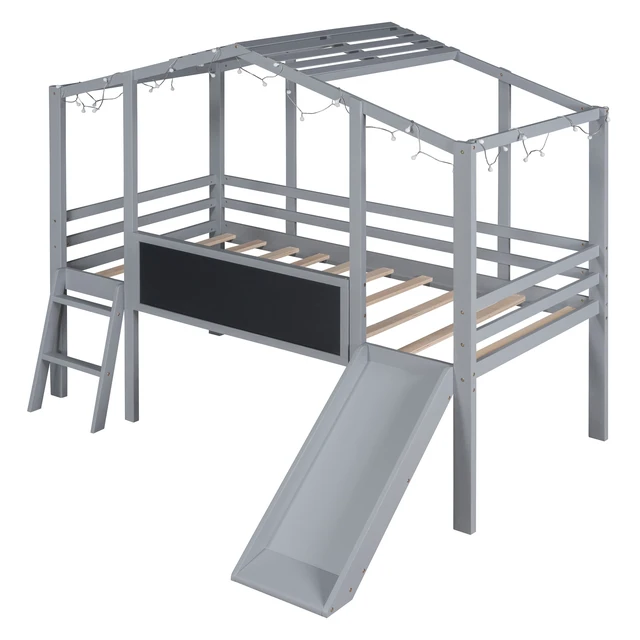 Alt view image 5 of 7 - Twin Size Loft Bed with Ladder and Slide, House Bed with Blackboard and Light Strip on the Roof, Gray