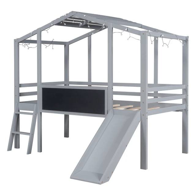 Alt view image 4 of 7 - Twin Size Loft Bed with Ladder and Slide, House Bed with Blackboard and Light Strip on the Roof, Gray