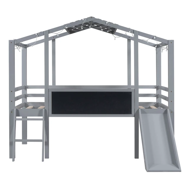 Alt view image 6 of 7 - Twin Size Loft Bed with Ladder and Slide, House Bed with Blackboard and Light Strip on the Roof, Gray