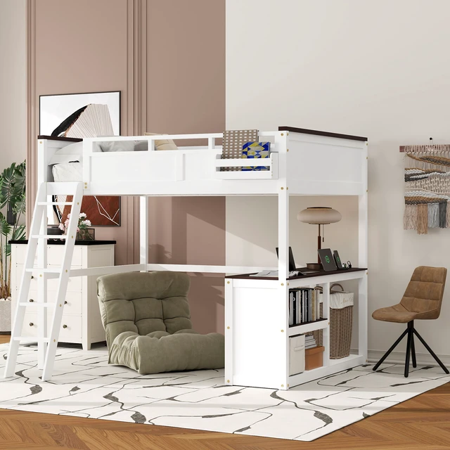 Alt view image 2 of 7 - Queen Size Loft Bed with Desk,Open Shelf and a Storage Box,USB Charging Station,White