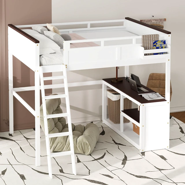Main image of Queen Size Loft Bed with Desk,Open Shelf and a Storage Box,USB Charging Station,White