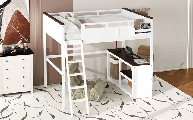 Alt view image 4 of 7 - Queen Size Loft Bed with Desk,Open Shelf and a Storage Box,USB Charging Station,White
