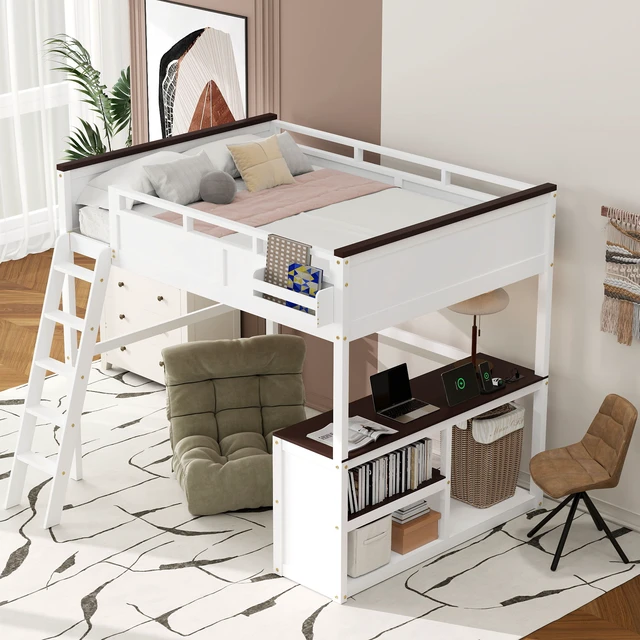 Alt view image 3 of 7 - Queen Size Loft Bed with Desk,Open Shelf and a Storage Box,USB Charging Station,White