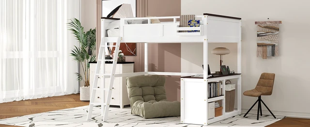 Alt view image 7 of 7 - Queen Size Loft Bed with Desk,Open Shelf and a Storage Box,USB Charging Station,White