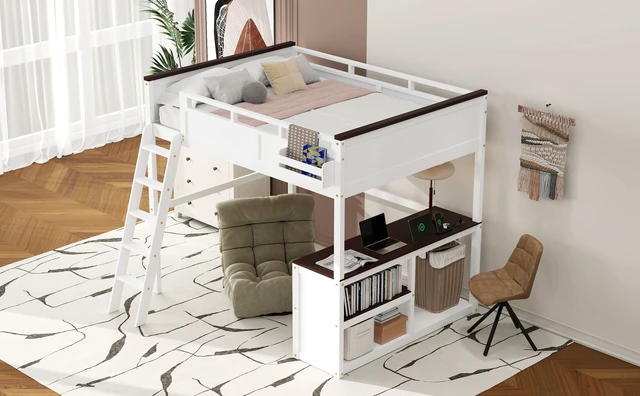 Alt view image 5 of 7 - Queen Size Loft Bed with Desk,Open Shelf and a Storage Box,USB Charging Station,White