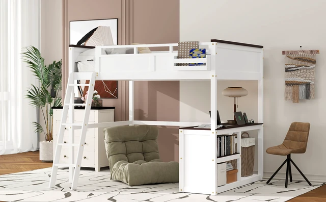 Alt view image 6 of 7 - Queen Size Loft Bed with Desk,Open Shelf and a Storage Box,USB Charging Station,White