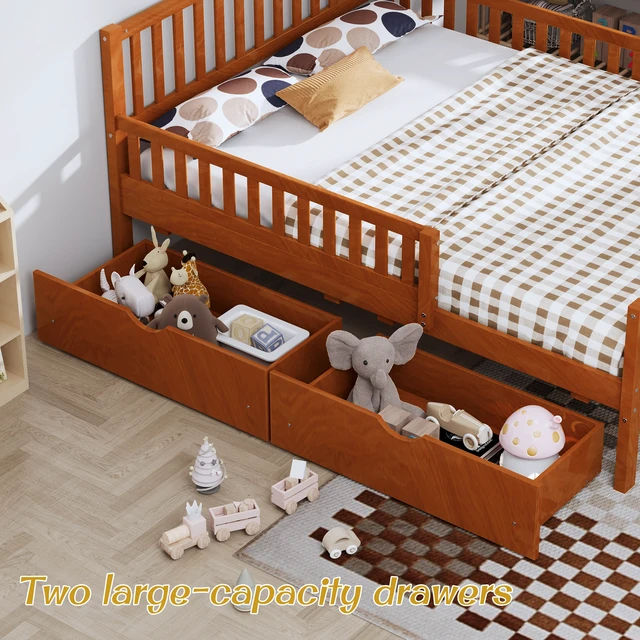 Alt view image 3 of 7 - Twin Size Wood Platform Bed with Guardrails on Both Sides and Two Storage Drawers, Walnut