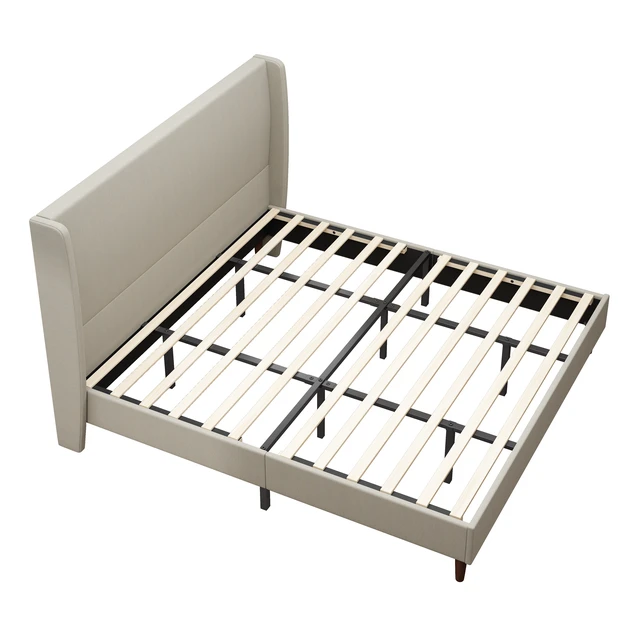 Alt view image 2 of 4 - High Headboard Upholstered Bed, King Size Bed Frame, 12-Slat Support, Easy to Assemble, Beige, Linen Cloth, No Box Spring Needed