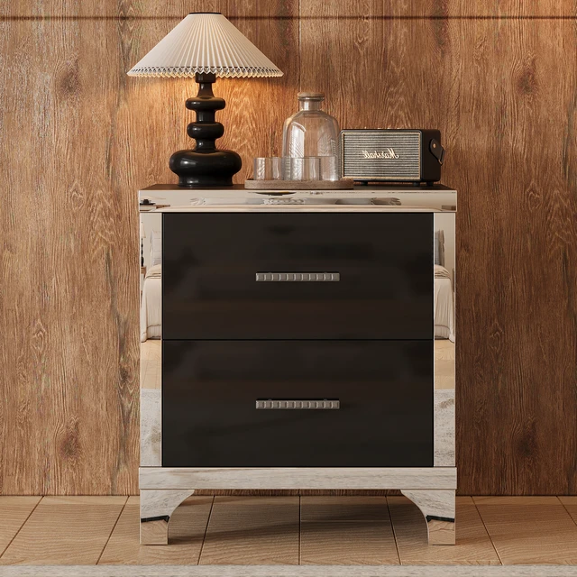 Alt view image 3 of 7 - Elegant High Gloss Nightstand with Metal Handle,Mirrored Bedside Table with 2 Drawers for Bedroom,Living Room,Black