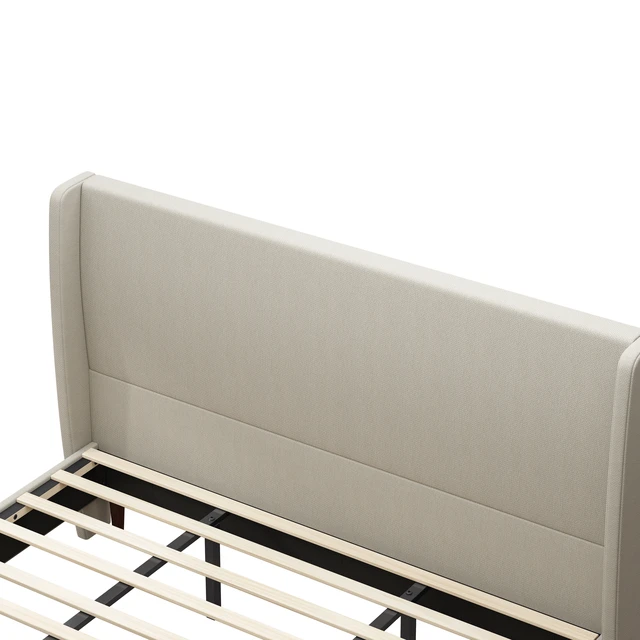 Alt view image 3 of 4 - High Headboard Upholstered Bed, King Size Bed Frame, 12-Slat Support, Easy to Assemble, Beige, Linen Cloth, No Box Spring Needed