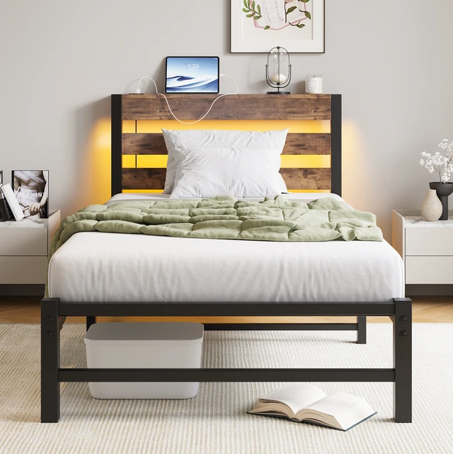 Alt view image 4 of 7 - Twin Size Bed Frame Heavy Duty Platform Bed Frame with Headboard, USB Charging Station, LED Bed, No Box Spring Needed, Mattress Foundation, Strong Steel Slats, Noise Free, Brown