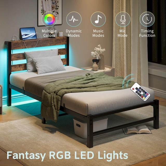 Alt view image 2 of 7 - Twin Size Bed Frame Heavy Duty Platform Bed Frame with Headboard, USB Charging Station, LED Bed, No Box Spring Needed, Mattress Foundation, Strong Steel Slats, Noise Free, Brown