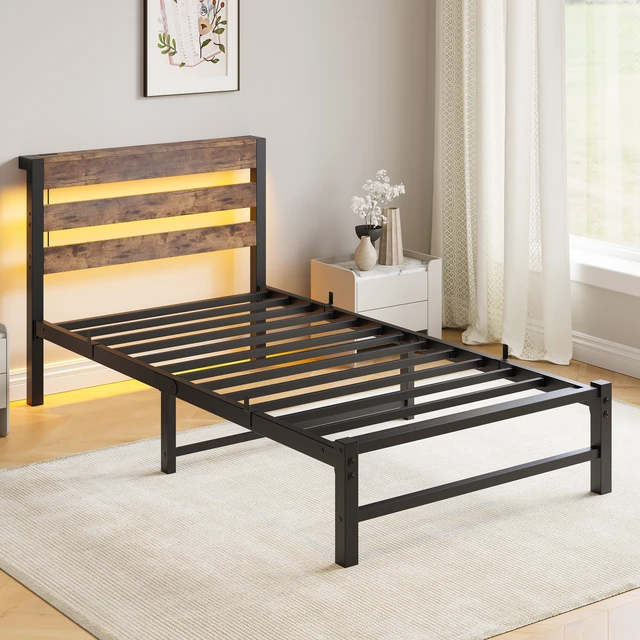 Alt view image 6 of 7 - Twin Size Bed Frame Heavy Duty Platform Bed Frame with Headboard, USB Charging Station, LED Bed, No Box Spring Needed, Mattress Foundation, Strong Steel Slats, Noise Free, Brown