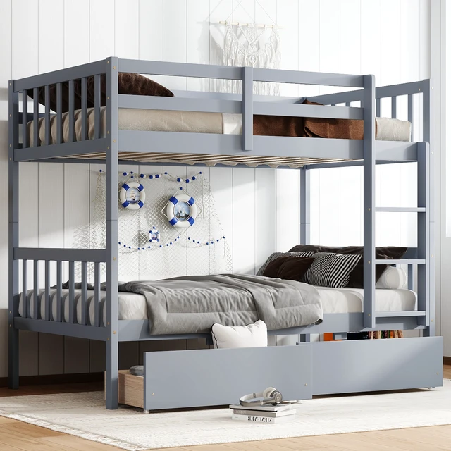 Alt view image 3 of 7 - Twin Over Twin Rubber Wood Bunk Bed with 2 Drawers, Convertible into 2 Twin Beds, Twin Size Bunk Bed with Ladder and Safety Guardrails ,Grey