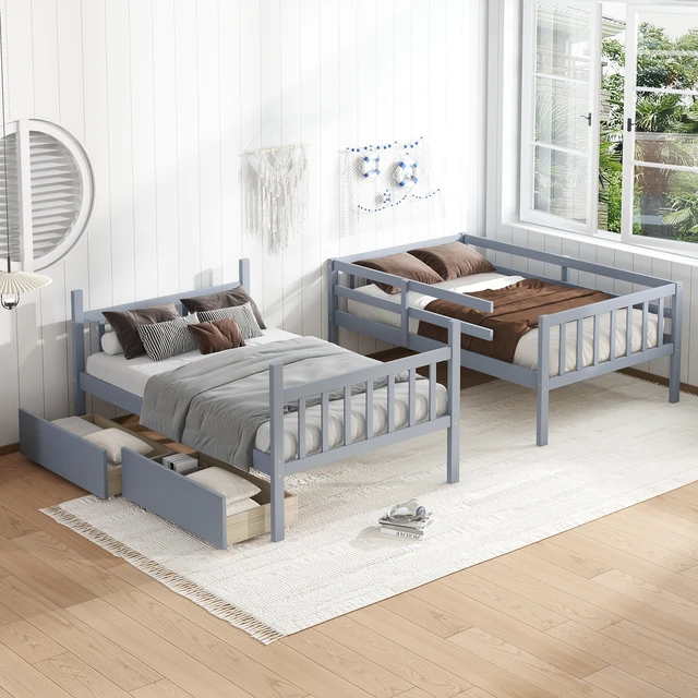 Alt view image 2 of 7 - Twin Over Twin Rubber Wood Bunk Bed with 2 Drawers, Convertible into 2 Twin Beds, Twin Size Bunk Bed with Ladder and Safety Guardrails ,Grey