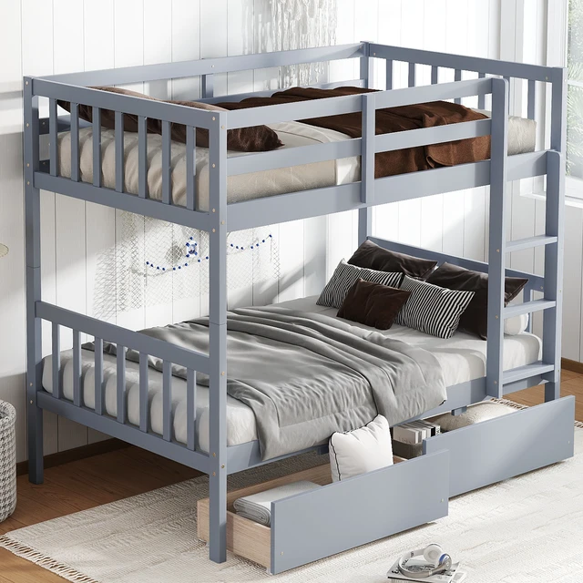 Alt view image 4 of 7 - Twin Over Twin Rubber Wood Bunk Bed with 2 Drawers, Convertible into 2 Twin Beds, Twin Size Bunk Bed with Ladder and Safety Guardrails ,Grey