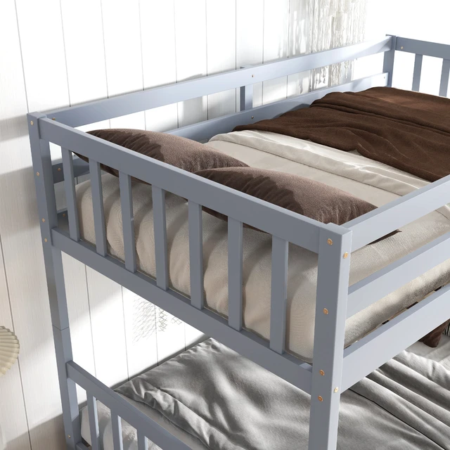 Alt view image 6 of 7 - Twin Over Twin Rubber Wood Bunk Bed with 2 Drawers, Convertible into 2 Twin Beds, Twin Size Bunk Bed with Ladder and Safety Guardrails ,Grey