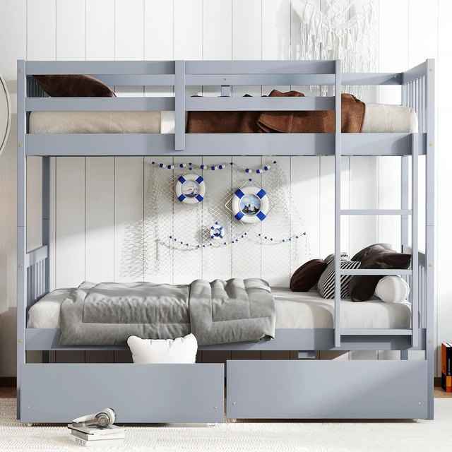 Main image of Twin Over Twin Rubber Wood Bunk Bed with 2 Drawers, Convertible into 2 Twin Beds, Twin Size Bunk Bed with Ladder and Safety Guardrails ,Grey